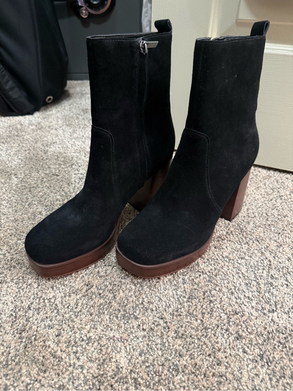 Marc Fisher Black Suede Platform Ankle Boots with Brown Wood-Look Heel